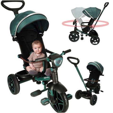 Rowerek trójkołowy TRIKE FIX Elite 2w1 z daszkiem obracany regulowany spacerówka prowadnik pasy zielony