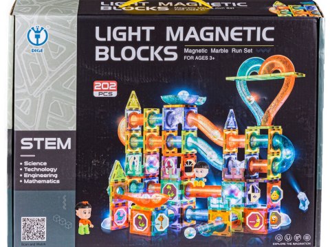 ŚWIECĄCE KLOCKI MAGNETYCZNE, TOR KULKOWY DLA KULEK 202 ELEMENTY KULODROM