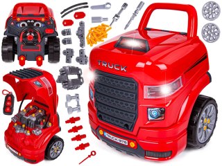 ZESTAW MECHANIKA, SAMOCHÓD AUTO SILNIK DO ROZKRĘCANIA, WARSZTAT 61 ELEMENTÓW, CIĘŻARÓWKA, CZERWONY TRUCK