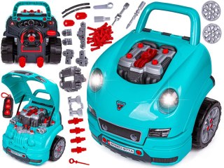 ZESTAW MECHANIKA, SAMOCHÓD AUTO SILNIK DO ROZKRĘCANIA, WARSZTAT 61 ELEMENTÓW, NIEBIESKI PORSCHE