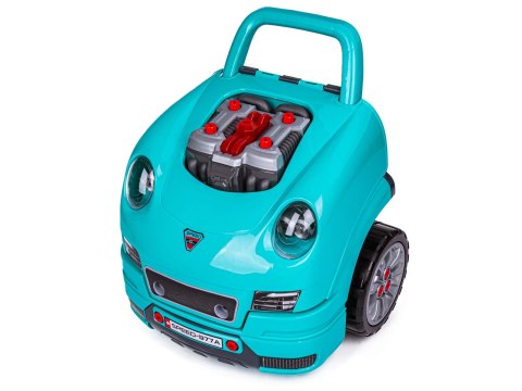 ZESTAW MECHANIKA, SAMOCHÓD AUTO SILNIK DO ROZKRĘCANIA, WARSZTAT 61 ELEMENTÓW, NIEBIESKI PORSCHE