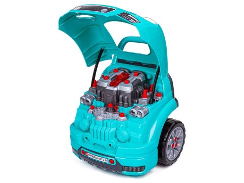 ZESTAW MECHANIKA, SAMOCHÓD AUTO SILNIK DO ROZKRĘCANIA, WARSZTAT 61 ELEMENTÓW, NIEBIESKI PORSCHE