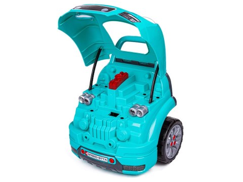 ZESTAW MECHANIKA, SAMOCHÓD AUTO SILNIK DO ROZKRĘCANIA, WARSZTAT 61 ELEMENTÓW, NIEBIESKI PORSCHE