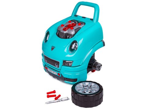 ZESTAW MECHANIKA, SAMOCHÓD AUTO SILNIK DO ROZKRĘCANIA, WARSZTAT 61 ELEMENTÓW, NIEBIESKI PORSCHE