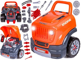 ZESTAW MECHANIKA, SAMOCHÓD AUTO SILNIK DO ROZKRĘCANIA, WARSZTAT 61 ELEMENTÓW, POMARAŃCZOWY JEEP