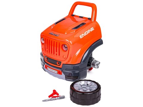 ZESTAW MECHANIKA, SAMOCHÓD AUTO SILNIK DO ROZKRĘCANIA, WARSZTAT 61 ELEMENTÓW, POMARAŃCZOWY JEEP