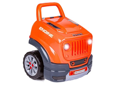 ZESTAW MECHANIKA, SAMOCHÓD AUTO SILNIK DO ROZKRĘCANIA, WARSZTAT 61 ELEMENTÓW, POMARAŃCZOWY JEEP
