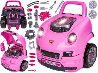 ZESTAW MECHANIKA, SAMOCHÓD AUTO SILNIK DO ROZKRĘCANIA, WARSZTAT 61 ELEMENTÓW, RÓŻOWE PORSCHE