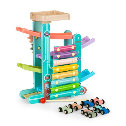 Drewniany tor zjeżdżalnia + 6 autek + cymbałki ECOTOYS Drewniany tor zjeżdżalnia + 6 autek + cymbałki ECOTOYS