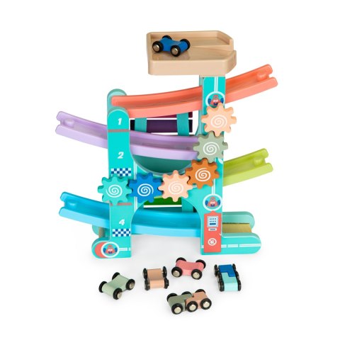 Drewniany tor zjeżdżalnia + 6 autek + cymbałki ECOTOYS Drewniany tor zjeżdżalnia + 6 autek + cymbałki ECOTOYS