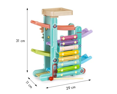 Drewniany tor zjeżdżalnia + 6 autek + cymbałki ECOTOYS Drewniany tor zjeżdżalnia + 6 autek + cymbałki ECOTOYS