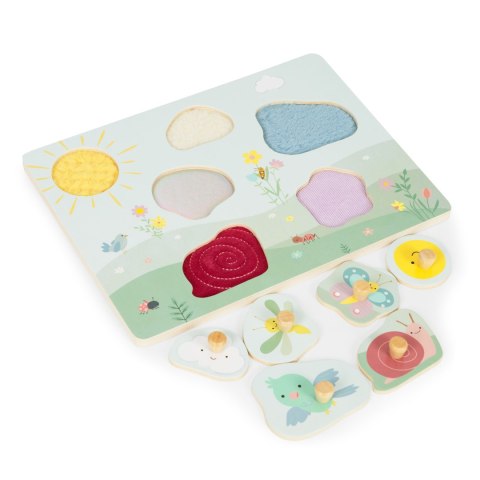 Drewniana tablica sensoryczna z różnymi rodzajami materiału ECOTOYS Drewniana tablica sensoryczna z różnymi rodzajami materiału ECOTOYS