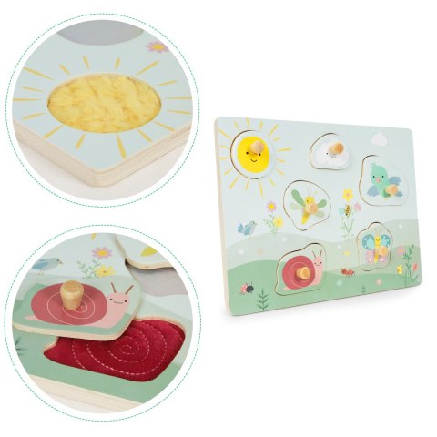 Drewniana tablica sensoryczna z różnymi rodzajami materiału ECOTOYS Drewniana tablica sensoryczna z różnymi rodzajami materiału ECOTOYS