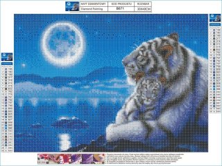 HAFT DIAMENTOWY, OBRAZ, MOZAIKA DIAMENTOWA DIAMOND PAINTING, BIAŁE TYGRYSY W BLASKU KSIĘŻYCA 40X30CM