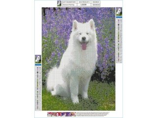 HAFT DIAMENTOWY, OBRAZ, MOZAIKA DIAMENTOWA DIAMOND PAINTING, PIES SAMOYED 30X40CM