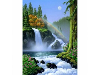 HAFT DIAMENTOWY, OBRAZ, MOZAIKA DIAMENTOWA DIAMOND PAINTING, WODOSPAD Z TĘCZĄ 30X40CM
