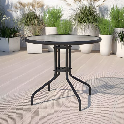 Stolik ogrodowy okrągły 80 cm na taras ogród balkon szkło hartowane otwór na parasol MultiGarden Stolik ogrodowy okrągły 80 cm na taras ogród balkon szkło hartowane otwór na parasol MultiGarden