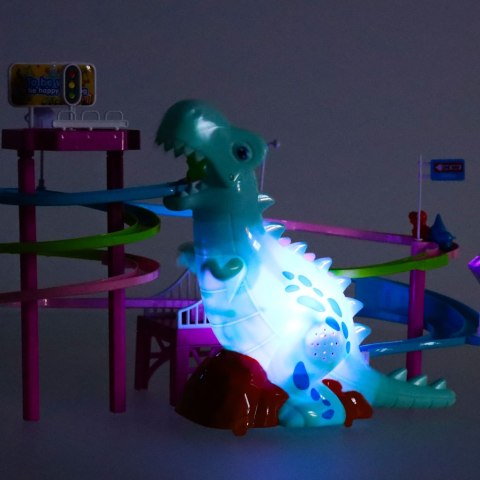 Tor zjeżdżalnia wyścig dinozaurów tor dinozaur ruchome schody światła dźwięk