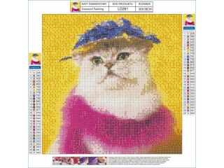 HAFT DIAMENTOWY, OBRAZ, MOZAIKA DIAMENTOWA DIAMOND PAINTING, KOT W KAPELUSZU 30X30CM