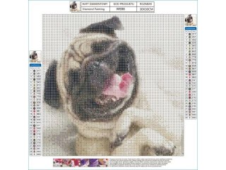 HAFT DIAMENTOWY, OBRAZ, MOZAIKA DIAMENTOWA DIAMOND PAINTING, PIES MOPS 30X30CM