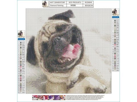 HAFT DIAMENTOWY, OBRAZ, MOZAIKA DIAMENTOWA DIAMOND PAINTING, PIES MOPS 30X30CM