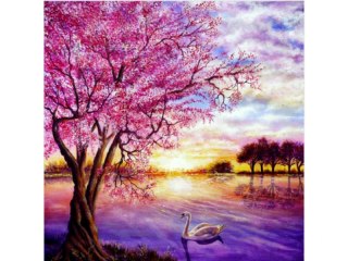 HAFT DIAMENTOWY, OBRAZ, MOZAIKA DIAMENTOWA DIAMOND PAINTING, ZACHÓD SŁOŃCA NAD JEZIOREM 30X30CM