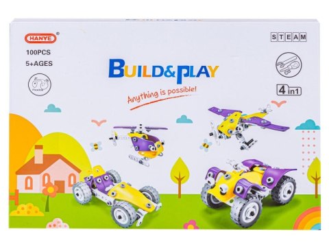 KLOCKI ELASTYCZNE, KONSTRUKCYJNE 100 EL. AUTO, WYŚCIGÓWKA, QUAD, HELIKOPTER, SAMOLOT DO ROZKRĘCANIA I SKRĘCANIA 4W1