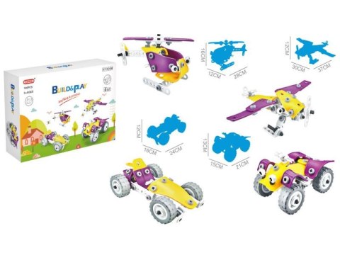 KLOCKI ELASTYCZNE, KONSTRUKCYJNE 100 EL. AUTO, WYŚCIGÓWKA, QUAD, HELIKOPTER, SAMOLOT DO ROZKRĘCANIA I SKRĘCANIA 4W1