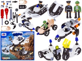 KLOCKI KONSTRUKCYJNE 161 EL. POLICJA, ZESTAW POLICYJNY, MOTOCYKL, PONTON, SAMOCHÓD DO ROZKRĘCANIA I SKRĘCANIA 8W1
