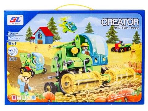 KLOCKI KONSTRUKCYJNE ZESTAW ROLNIKA, FARMERA 153 EL. POJAZDY ROLNICZE, KOMBAJN, STODOŁA, TRAKTOR DO ROZKRĘCANIA I SKRĘCANIA 8W1