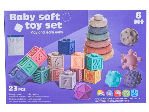 EDUKACYJNY ZESTAW KLOCKÓW DLA MALUCHA, MIĘKKIE KLOCKI, CYFERKI, FIGURY GEOMETRYCZNE, KSZTAŁTY, WIEŻA 23 SZTUKI