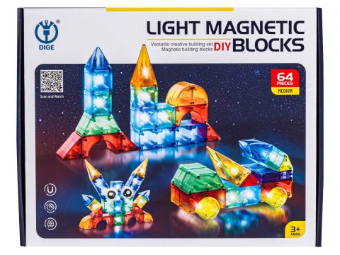 KLOCKI MAGNETYCZNE, KONSTRUKCYJNE, ŚWIECĄCE ELEMENTY, FIGURY 3D 64 EL.