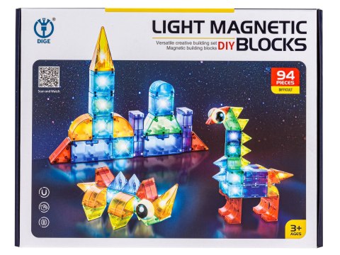 KLOCKI MAGNETYCZNE, KONSTRUKCYJNE, ŚWIECĄCE ELEMENTY, FIGURY 3D 94 EL.