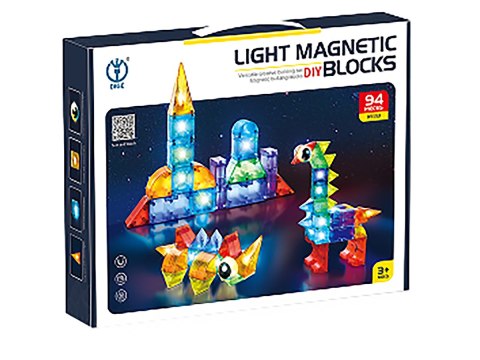 KLOCKI MAGNETYCZNE, KONSTRUKCYJNE, ŚWIECĄCE ELEMENTY, FIGURY 3D 94 EL.