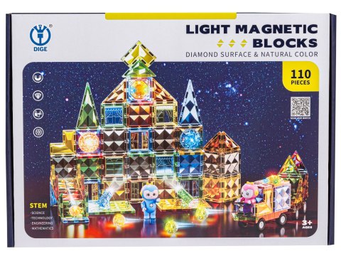 KONSTRUKCYJNE KLOCKI MAGNETYCZNE ŚWIECĄCE ELEMENTY + POJAZDY 110 EL.
