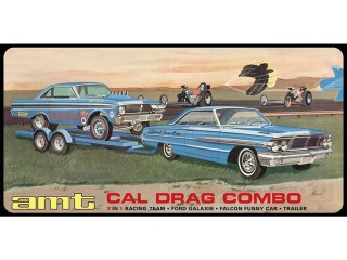 MODEL PLASTIKOWY - ZESTAW 3W1 SAMOCHÓD + SAMOCHÓD + NACZEPA 1:25 CAL DRAG COMBO 1964 GALAXIE, AWB FALCON & TRAILER